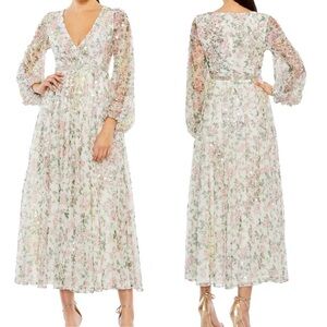 Mac Duggal Embellished Floral Print Faux Wrap A Line Dress with Sequins - 6